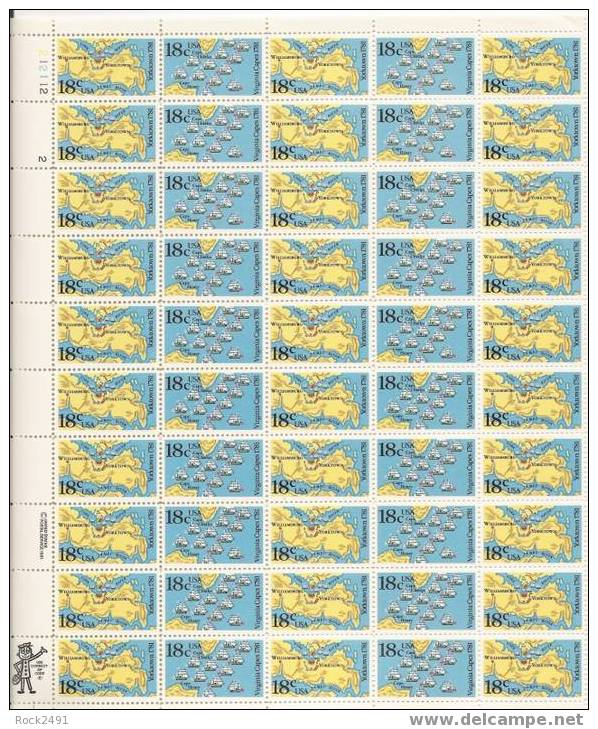 US Scott 1937 1938 - Sheet Of 50 - Battle Of Yorktown & Virginia Capes 18 Cent ** MINT - Sheets