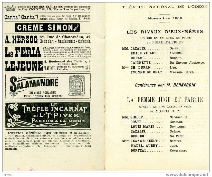 D 75. PARIS(9e) PROGRAMME DU THEATRE DE L'ODEON . NOVEMBRE 1902 - Auteurs Français