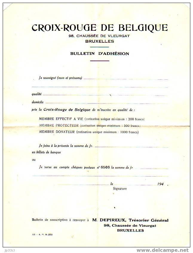 Bulletin D'adhésion à La Croix-Rouge De Belgique (années 1940) Avec Enveloppe Préadressée - Historical Documents