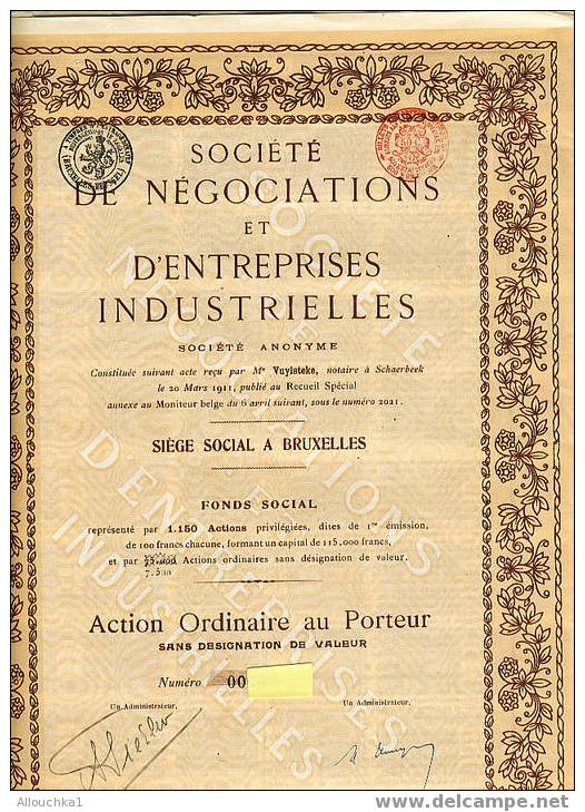 SCRIPOPHILIE COLLECTIONNEURS(1)ACTION ORDINAIRE PORTEUR/SOCIETE NEGOCIATIONS & ENTREPRISES INDUSTRIELLES N°00..BRUXELLES - Industry