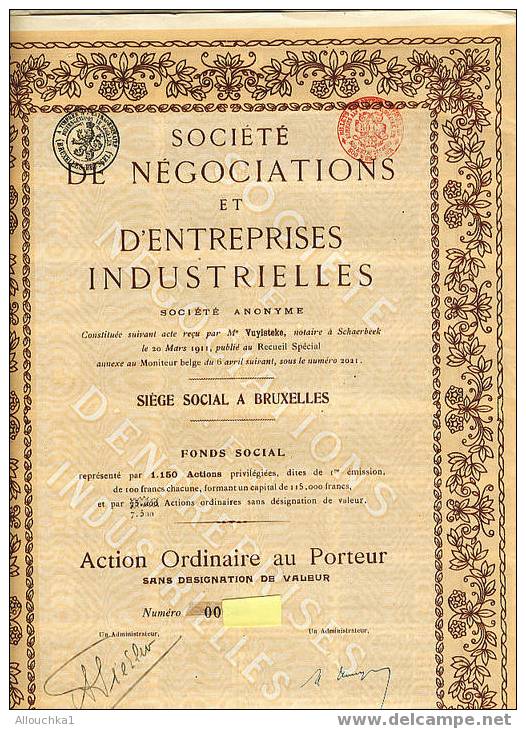 SCRIPOPHILIE COLLECTIONNEURS(1)ACTION ORDINAIRE PORTEUR/SOCIETE NEGOCIATIONS & ENTREPRISES INDUSTRIELLES N°00..BRUXELLES - Industrial