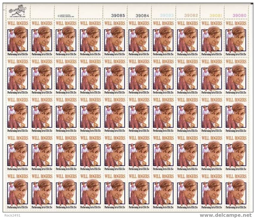 US Scott 1801 - Sheet Of 50 - Will Rogers 15 Cent ** MINT - Hojas Completas
