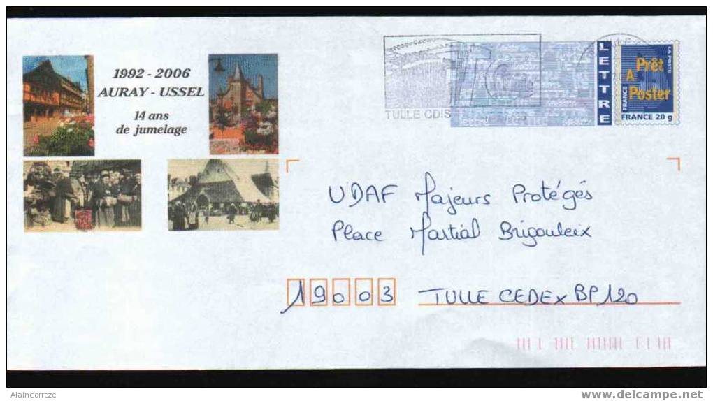 Entier Postal PAP Local Personnalisé Corrèze Morbihan Auray Ussel 14 Ans De Jumelage - PAP: Aufdrucke/Blaues Logo