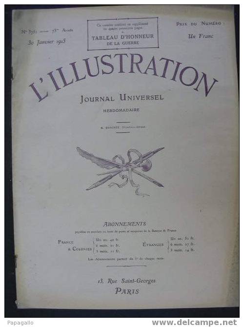 L’ILLUSTRATION 3752 CARDINAL MERCIER/ CRUE AISNE/ HANSI/ AVEZZANO   30 JANVIER 1915 Complet Avec Sa Couverture Et Ses P - L'Illustration