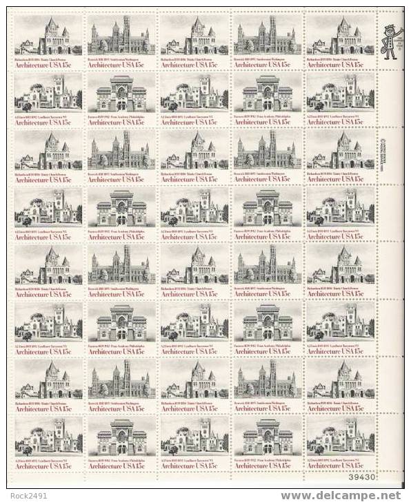 US Scott 1838 1839 1840 1841 - Sheet Of 40 - American Architecture Smithsonian 15 Cent ** MINT NH - Hojas Completas