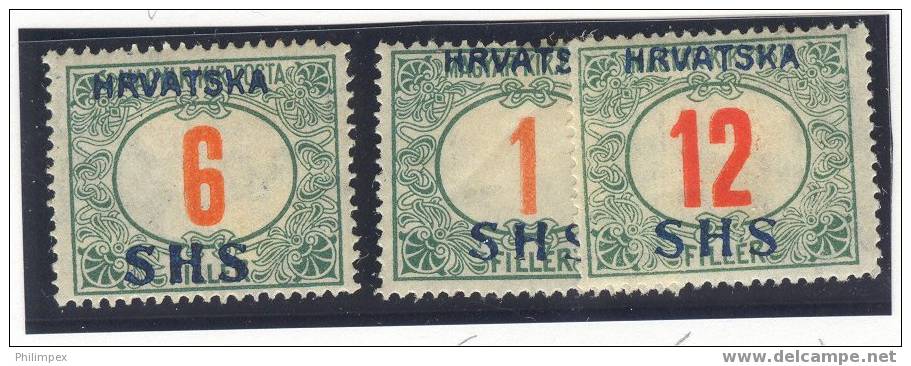 JUGOSLAVIA DUE STAMPS 1918, 3 STAMPS, OF WHICH ONE NOT ISSUED , UNUSED; LIGHT HINGED! - Impuestos