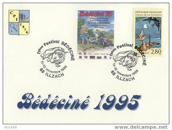 BEDECINE 1995 ILLZACH Carte Cachet Officiel COLOMBINE (Dany Valentin RAMEAU) Timbre Fable LA FONTAINE 2 - Comics