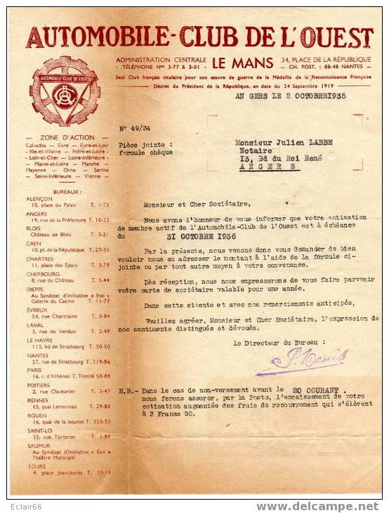 AUTOMOBILE -CLUB DE L'OUEST (1936 )DOCUMENT  LETTRE DU MANS  + ENVELOPPE  état Impeccable - Autres & Non Classés