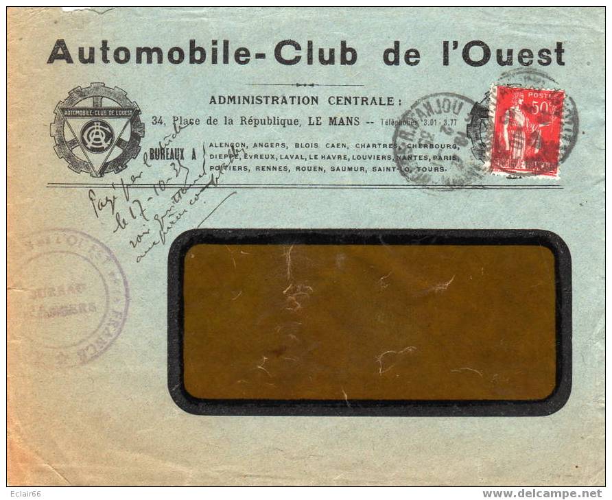 AUTOMOBILE -CLUB DE L'OUEST (1936 )DOCUMENT  LETTRE DU MANS  + ENVELOPPE  état Impeccable - Autres & Non Classés