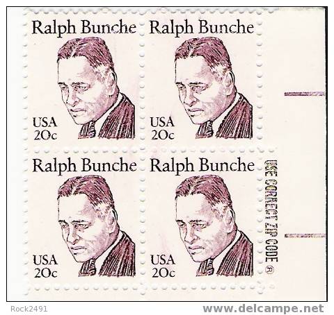 US Scott 1860 - Zip Block Of 4 - Ralph Bunche 20 Cent - Mint Never Hinged - Hojas Bloque