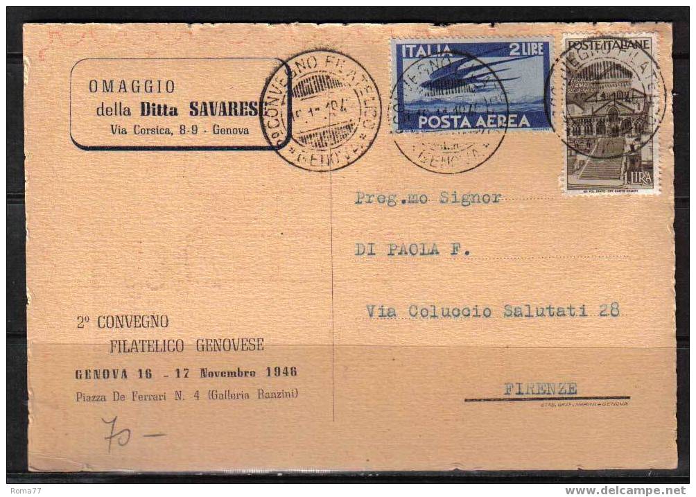 BOL349 - GENOVA, CONVEGNO FILATELICO  15/11/1946 - Bourses & Salons De Collections