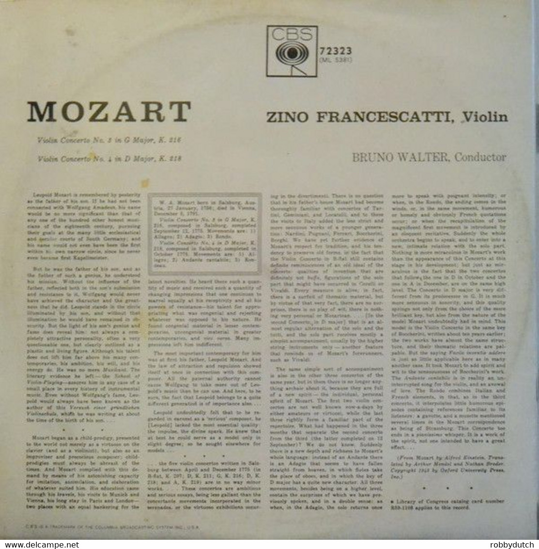 * LP * MOZART - VIOLIN CONCERTO - FRANCESCATTI / WALTER - Klassik