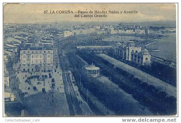 SPAIN Vintage Postcard LA CORUÑA Paseo Mendez Nuñez Avenida Canton Grande City View - La Coruña