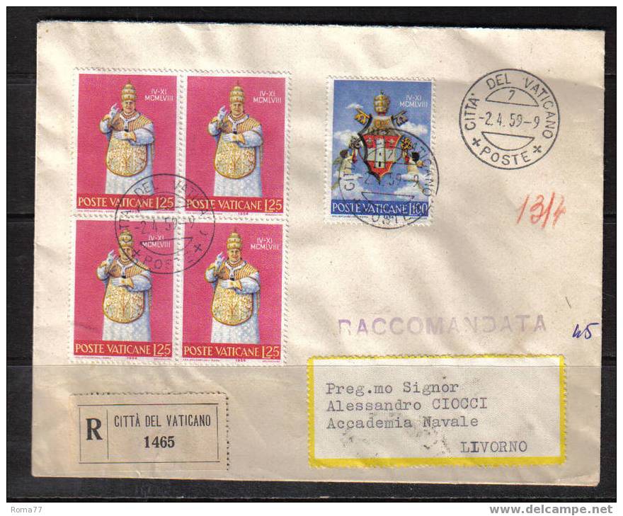 1244 - VATICANO STORIA POSTALE:RACCOMANDATA PER LIVORNO  2/4/959 - Covers & Documents