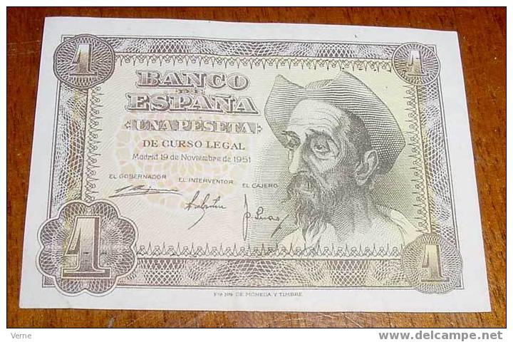 BILLETE DE 1 PESETA DE 19 -11-1951 SIN NINGUNA DOBLEZ - PERFECTO ESTADO DE CONSERVACION - DON QUIJOTE - 1-2 Peseten