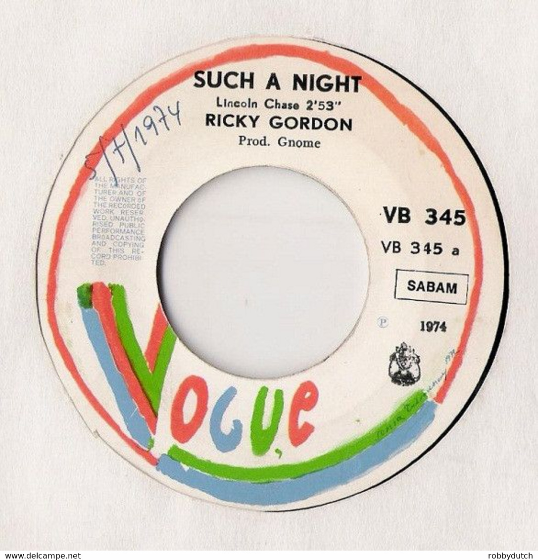 * 7" * RICKY GORDON - SUCH A NIGHT (belgium 1974) - Autres - Musique Anglaise