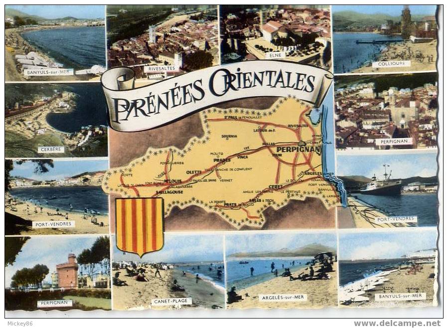 Pyrénées Orientales--Carte Géographique Et Lieux Divers(Banyuls,Cerbère,Port-Vendres,Rivesaltes.....) Cpsm Par Artaud - Cartes Géographiques