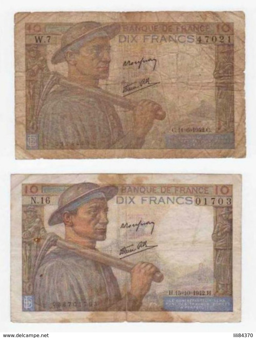 2 Billets .10 FRANCS MINEUR - 1942 (H.15=10=1942.H). (C.11=6=1942.C.) - 10 F 1941-1949 ''Mineur''