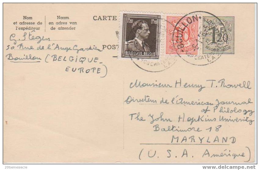 Belgique/Belgie Bouillon 1956 EP V.Maryland(USA)                                        727 - Cartes Postales 1951-..