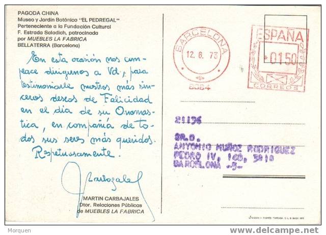 Postal Privada Franqueo Mecanico Barcelona  1973. Muebles La Fabrica - Cartas & Documentos