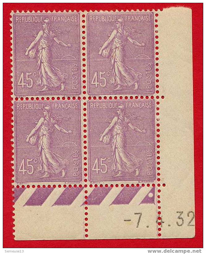 Semeuse 45 C. Violet En Bloc De 4 Coin Daté Du 7.4.32 - 1903-60 Sower - Ligned