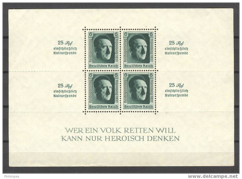 GERMANY, HITLER SHEETLET 1937, ADDITONALY ROULETED, NH, BEND - Blokken