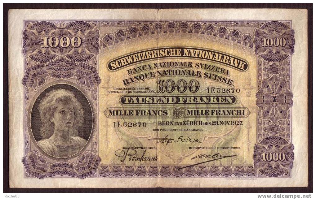 Billet - SUISSE -  1.000 Francs  - Du 23 11 1927  - Pick 37 A - Suisse