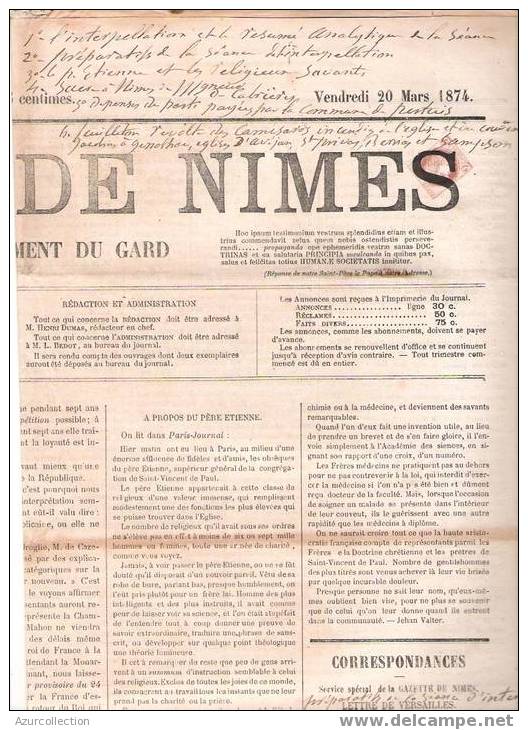 2CTS CERES SUR JOURNAL .LA GAZETTE DE NIMES 1874 - Zeitungsmarken (Streifbänder)