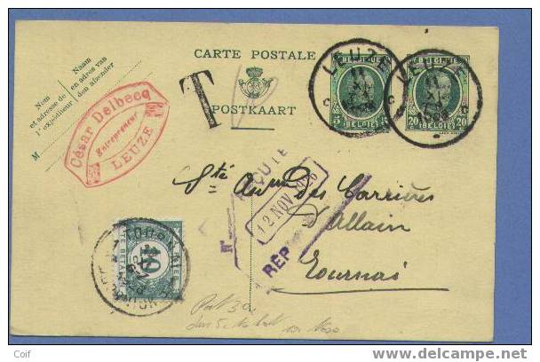 Entier Met Cirkelstempel LEUZE Op 11/11/1926, Getaxeerd Met TX 33 Met Cirkelstempel TOURNAI - 1922-1927 Houyoux