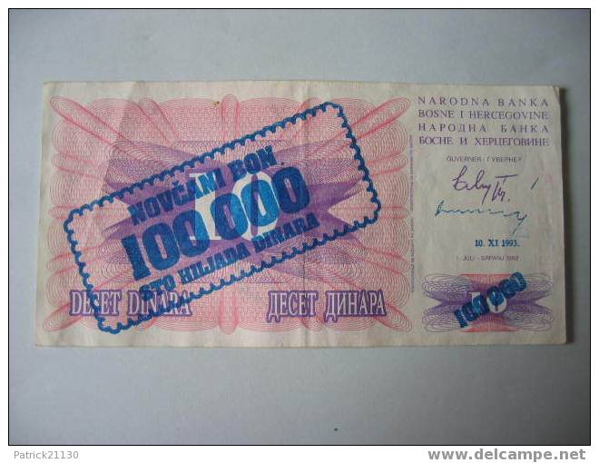 BOSNIE HERZEGOVINE   / 100000   SUR 10 DINARA  PICK? TRES RARE SURCHARGE - Bosnia And Herzegovina