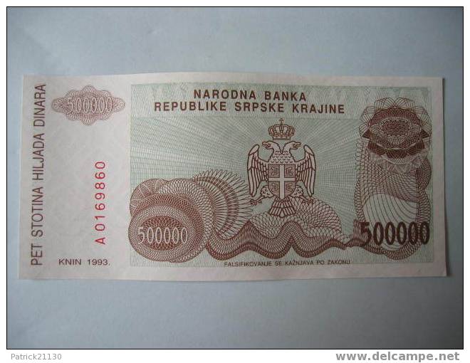 CROATIE  KRAJINA TRES RARES  / 500.000 DINAR   PICK R23 NEUF - Kroatien