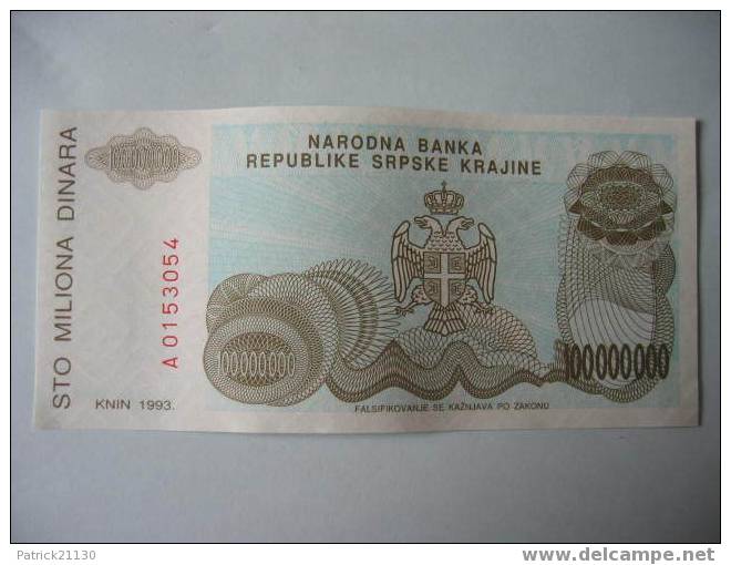 CROATIE  KRAJINA TRES RARES  / 100.000.000 DINAR   PICK R25 NEUF - Croatie