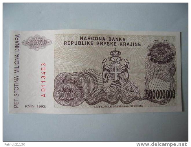 CROATIE  KRAJINA TRES RARES  / 500.000.000 DINAR   PICK R26 NEUF - Croatie