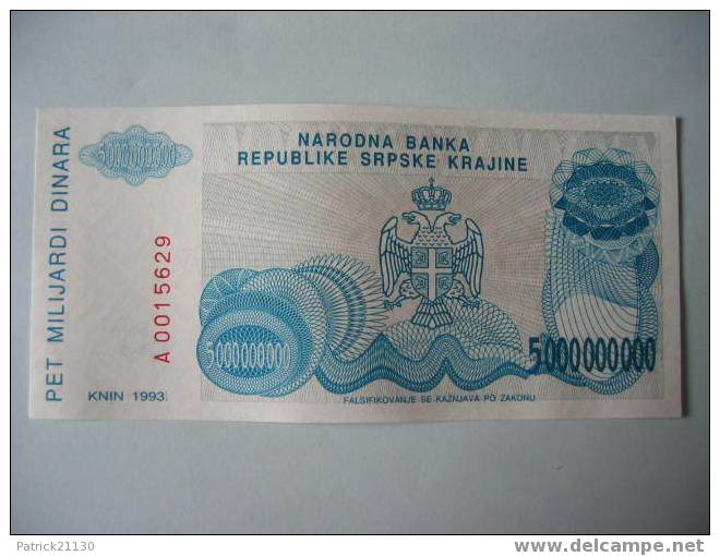 CROATIE  KRAJINA TRES RARES  / 5000.000.000 DINAR   PICK R27 NEUF - Croatie