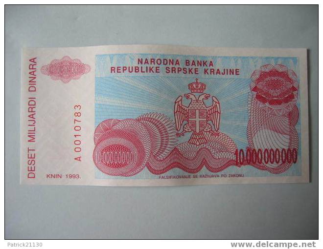 CROATIE  KRAJINA TRES RARES  / 10.000.000.000 DINAR   PICK R28 NEUF - Croacia