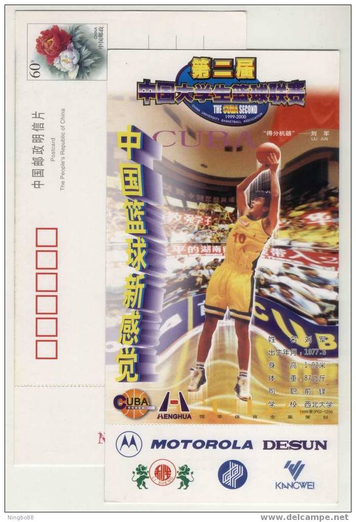 China 1999 University Basketball League Advertising Postal Stationery Card Fade-away Shot - Basketball