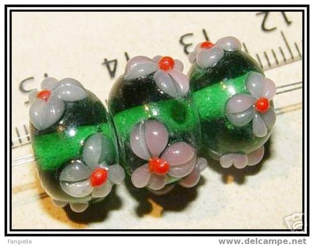 3 Perle à La Lampe - Lampwork - Artisanale Vert Rose Rouge Environ 12x9mm - Pearls