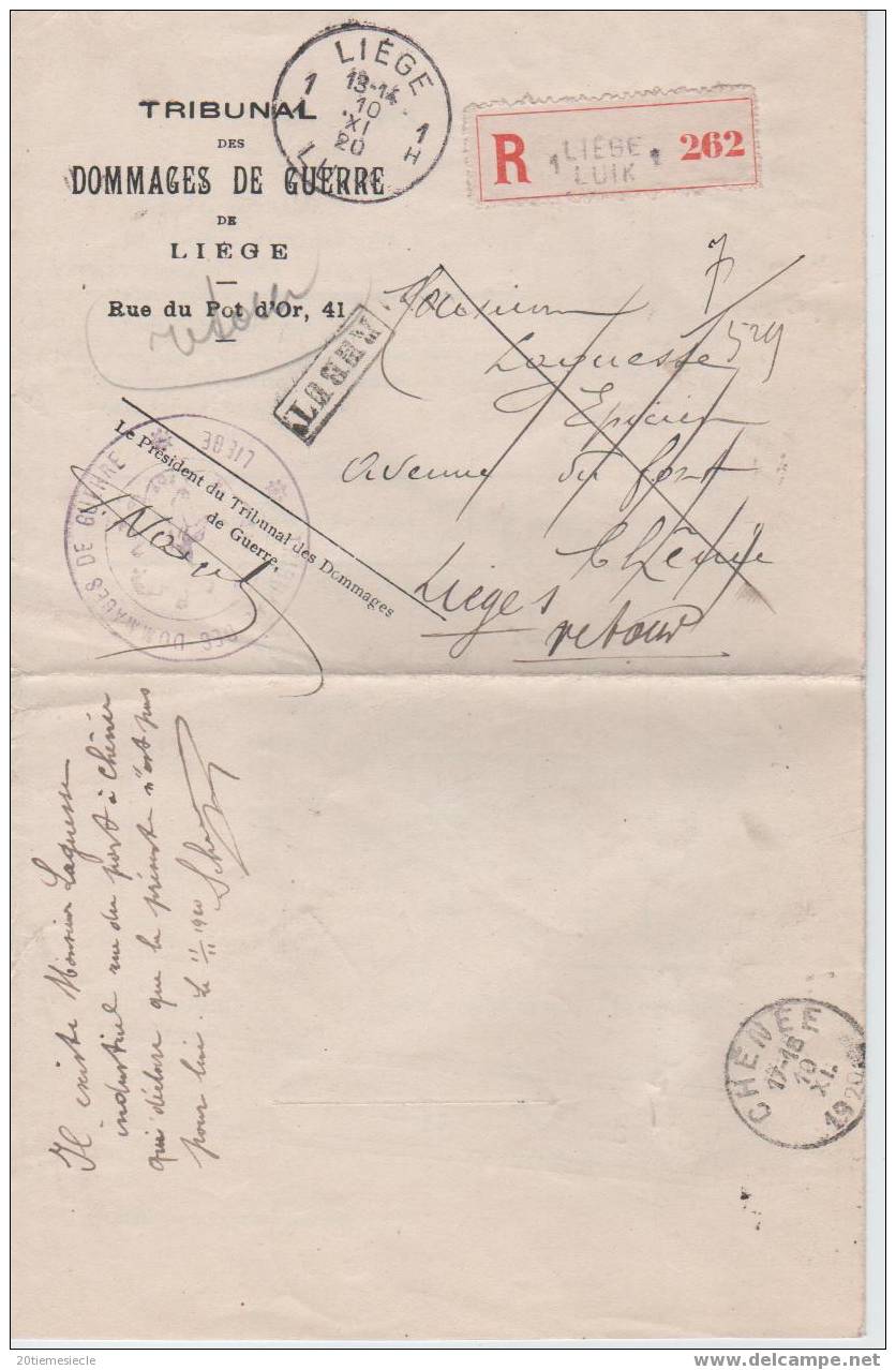 Belgique/Belgie Liège 1920 étiq.recom.franchise V.Chenée C.arrivée Gff Rebut&retour    732 - Franchise