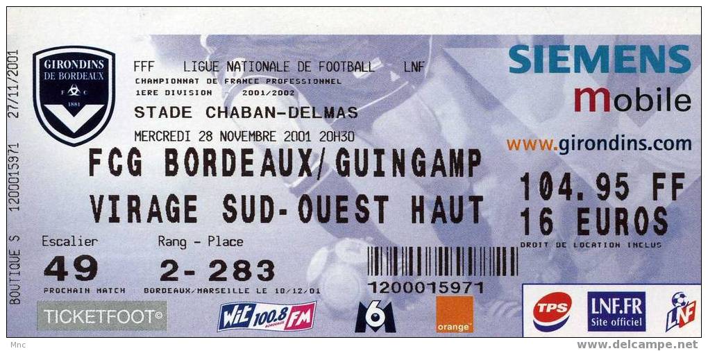 BORDEAUX/GUINGAMP 28/11/2001 (non Plié) - Uniformes Recordatorios & Misc