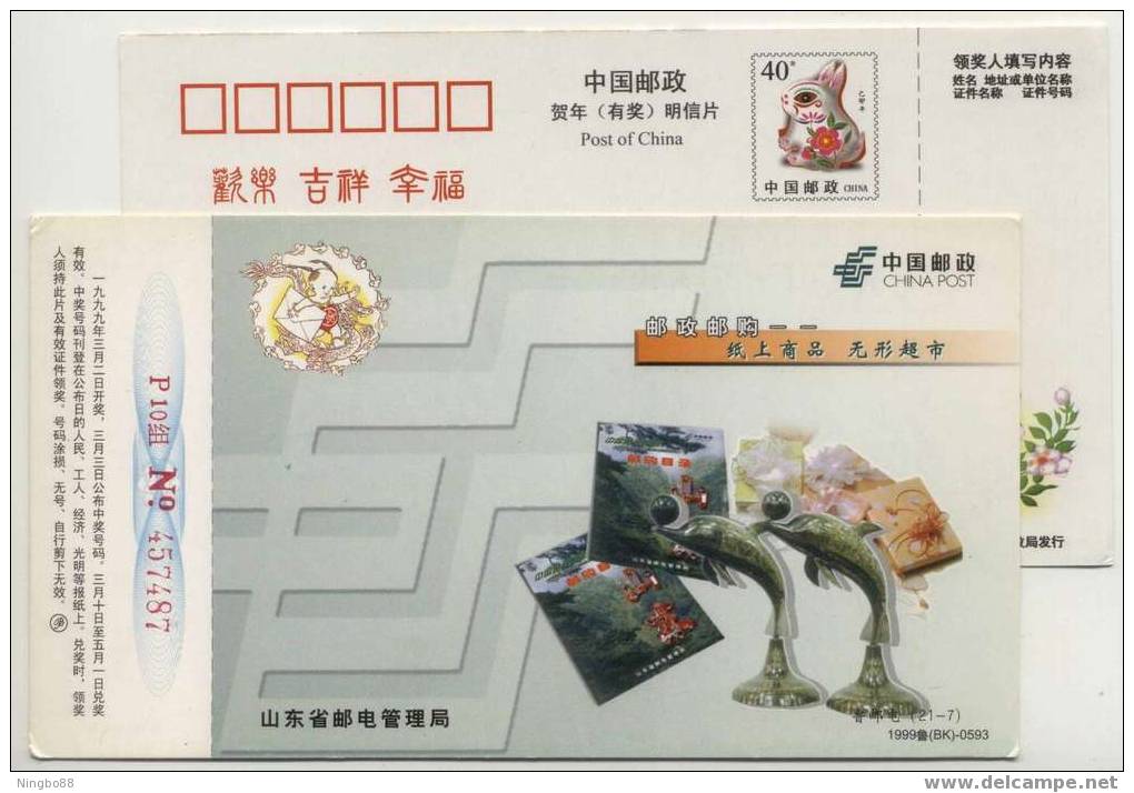 China 1999 Post Mail Order Advertising Postal Stationery Card Dolphin Handicraft - Delfine