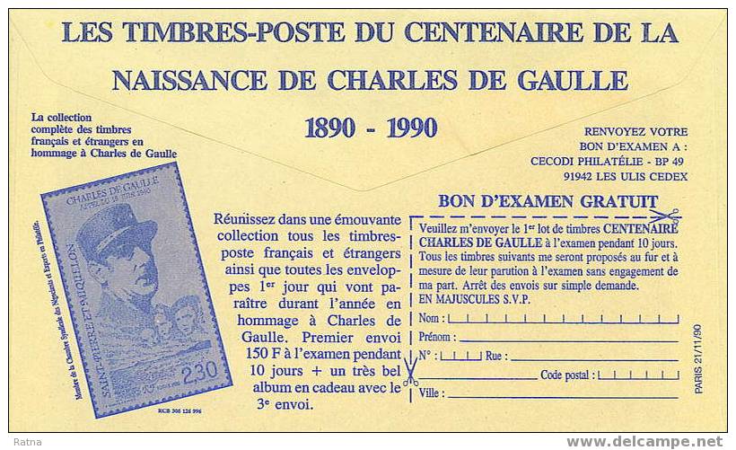 France : CCP Publicitaire. Général De Gaulle, Centenaire Naissance, 1890-1990, Timbre, Philatélie - De Gaulle (Général)