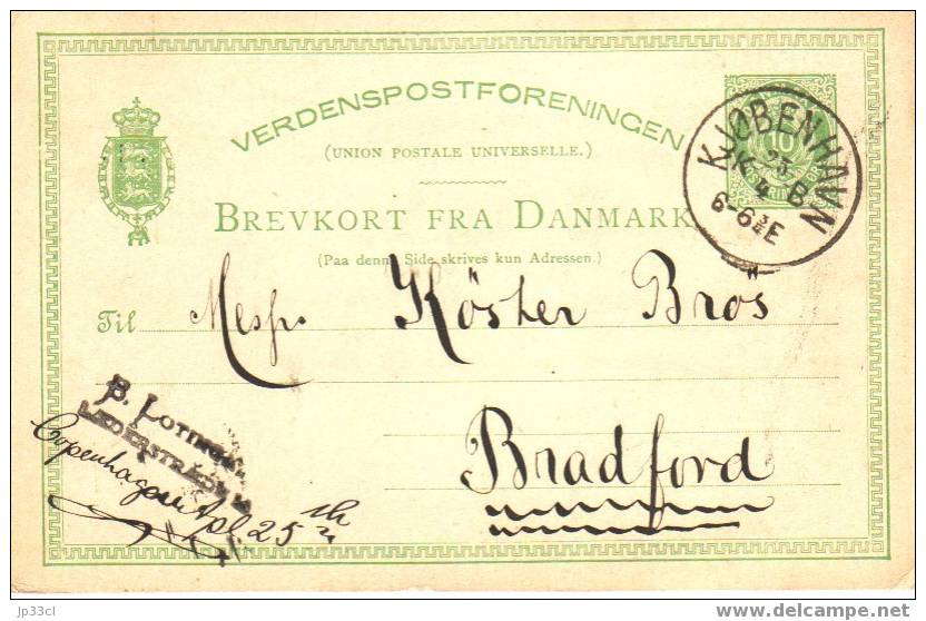 Très Ancien Entier Postal Du 24/4/1882 (Postal Stationery) De Copenhague à Bradford - Ganzsachen