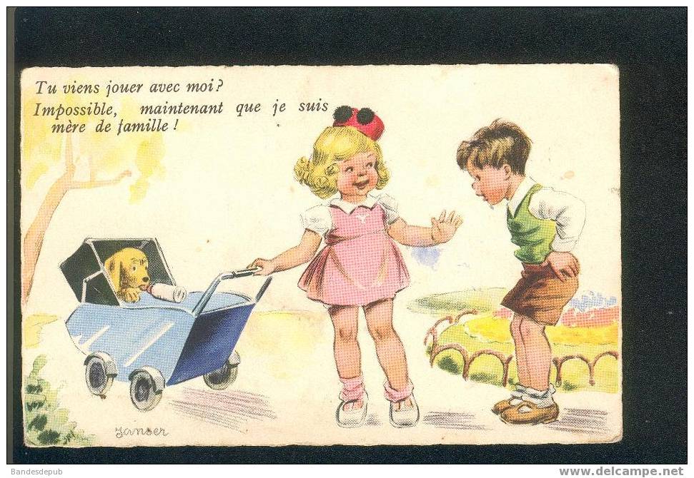 Carte Illustrée Par Janser Style Bouret Enfants Landau Bébé Mère De Famille - Janser