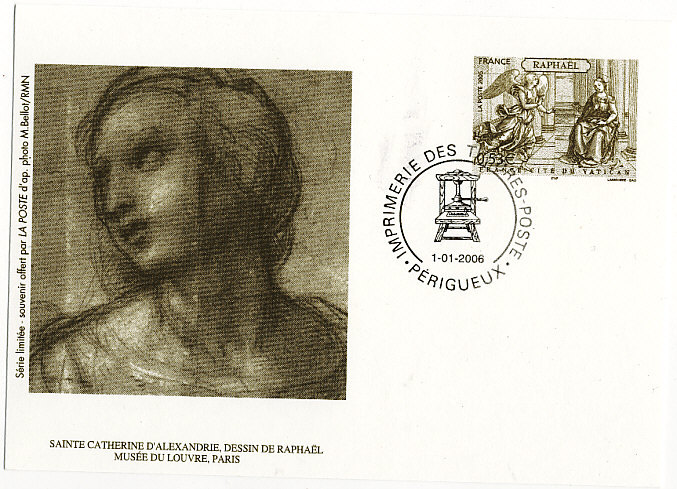 ENTIER POSTAL SERIE LIMITEE OFFERT PAR LA POSTE SAINTE CATHERINE D\'ALEXANDRIE  DESSIN DE RAPHAEL MUSEE DU LOUVRE PARIS - Pseudo-entiers Officiels