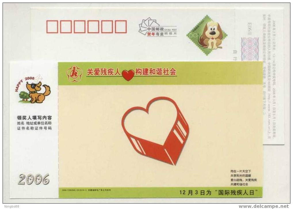 CN 06 International Day Of Disabled Persons Advertising Postal Stationery Card Warm Heart Care Disabled Persons - Handicaps