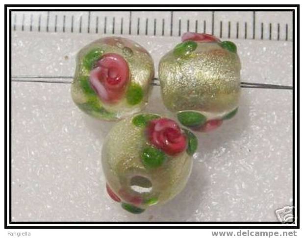 1 Perle à La Lampe - Lampwork - Artisanales Roses/feuille D´or 10x10mm - Parels