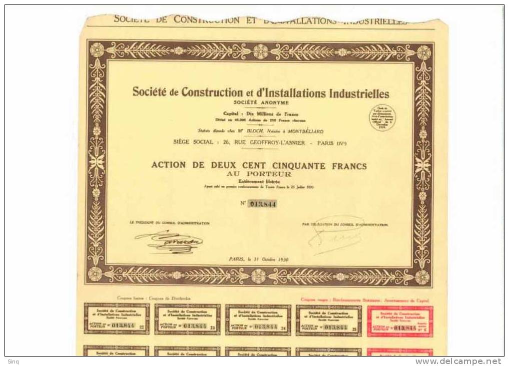 Société De Construction Et Installations Industrielle, Action De 250 Francs - Industry