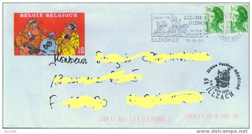 BEDECINE 2006 ILLZACH Enveloppe Flamme Et Cachet Temporaires CAUVIN & TUNIQUES BLEUES (24) - Stripsverhalen