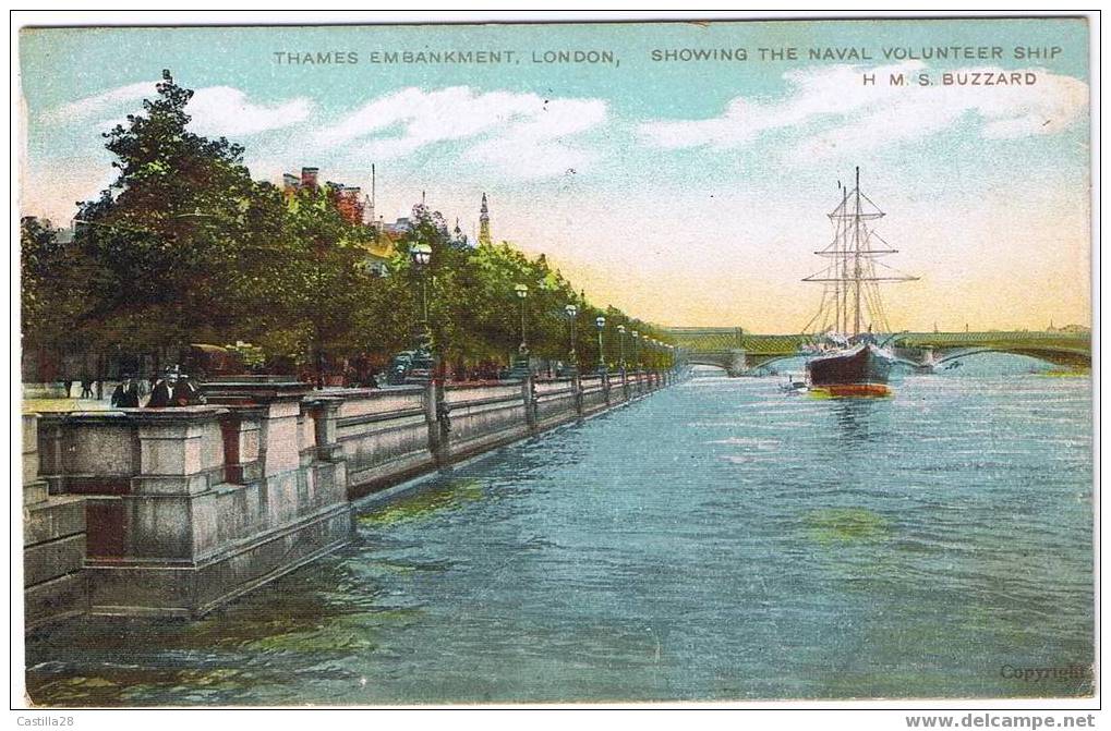 CPA LONDON Thamesembankment Showing The Naval Volunteer Ship HMS Buzzard - River Thames