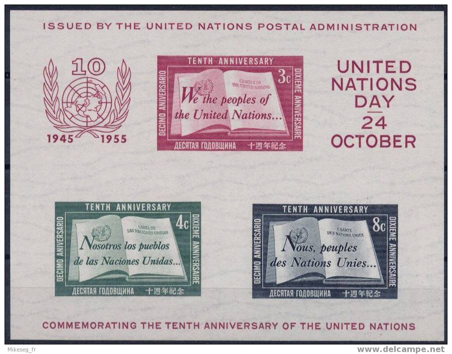 ONU New-York 1955 Bloc-Feuillet N°1 ** (côte YT 2008 280 Euros En Hausse) - Blokken & Velletjes